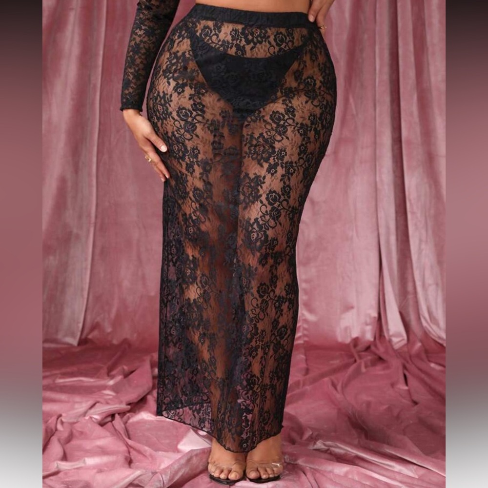 Elegant Black Lace Maxi Skirt With Sheer Floral Detail